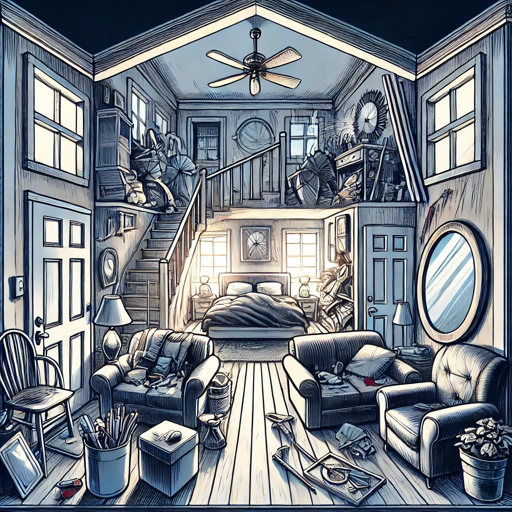 A cluttered house with bad Feng Shui placements (e g blocked front door mirrors facing the bed