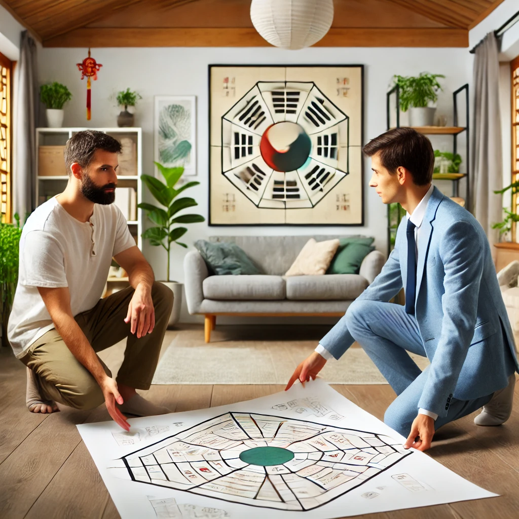 Feng Shui expert analyzing a home’s layout with a Bagua map