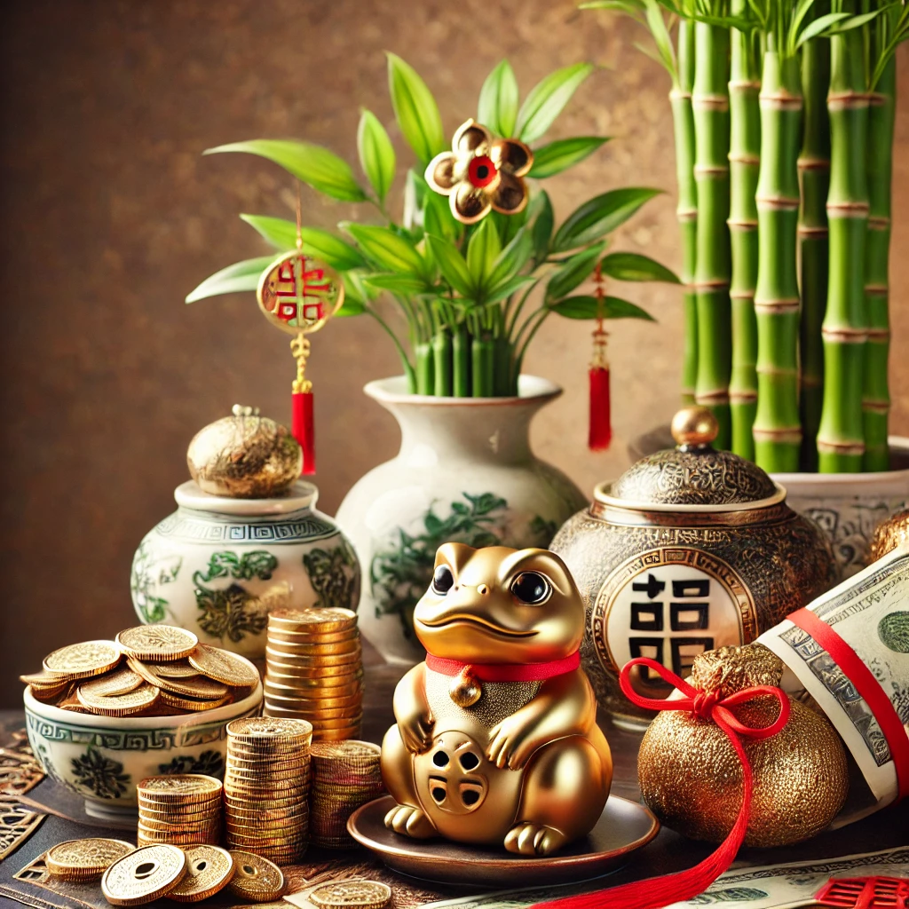 Feng Shui wealth symbols (Money Frog Wealth Vase Chinese Coins Lucky Bamboo